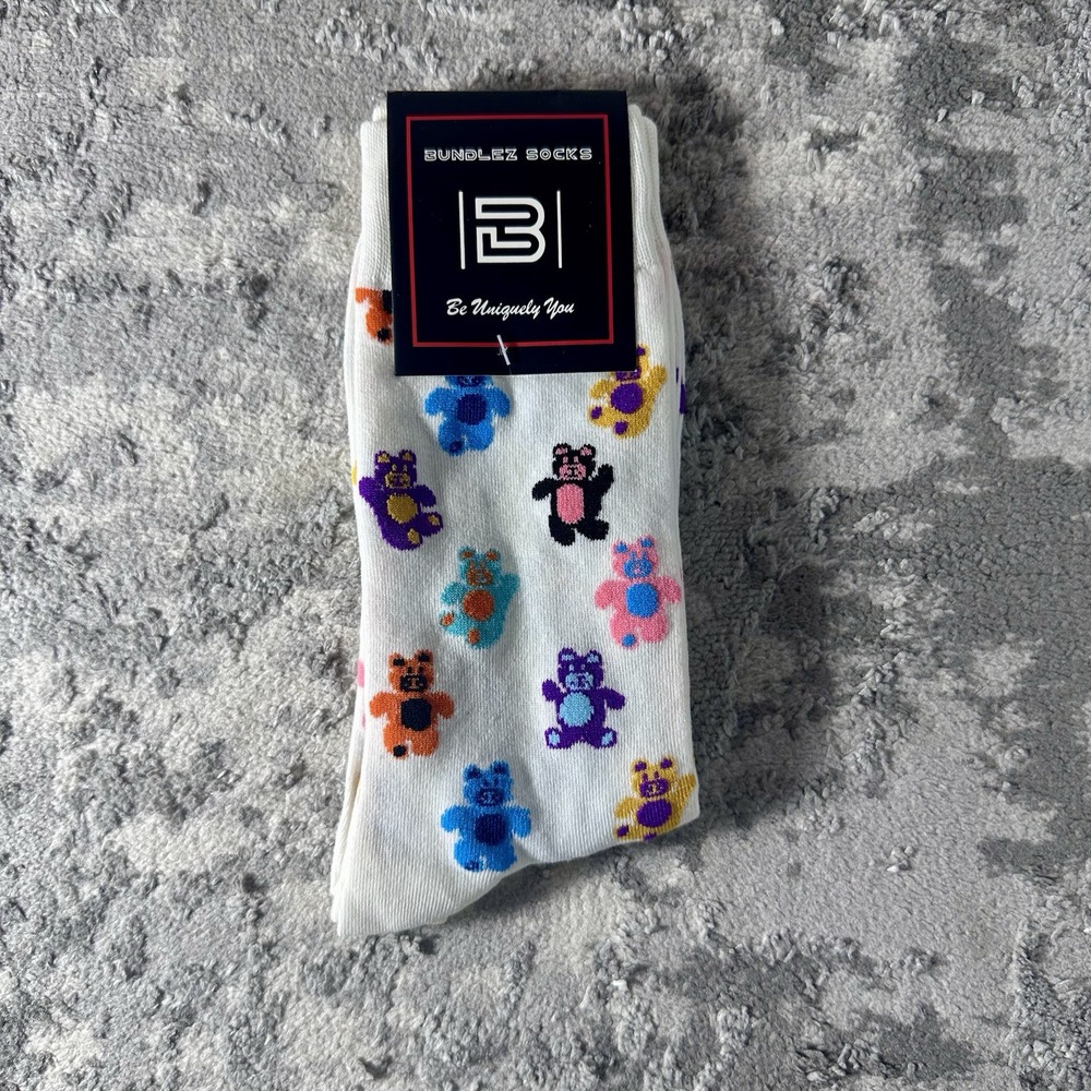 Bundlez Socks White Crew Socks Colorful Teddy Bear Pattern Adult Size New